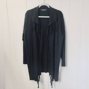 Adrienne Vittadini Open Cardigan Fringe Long Line Rayon Blend Black 2X